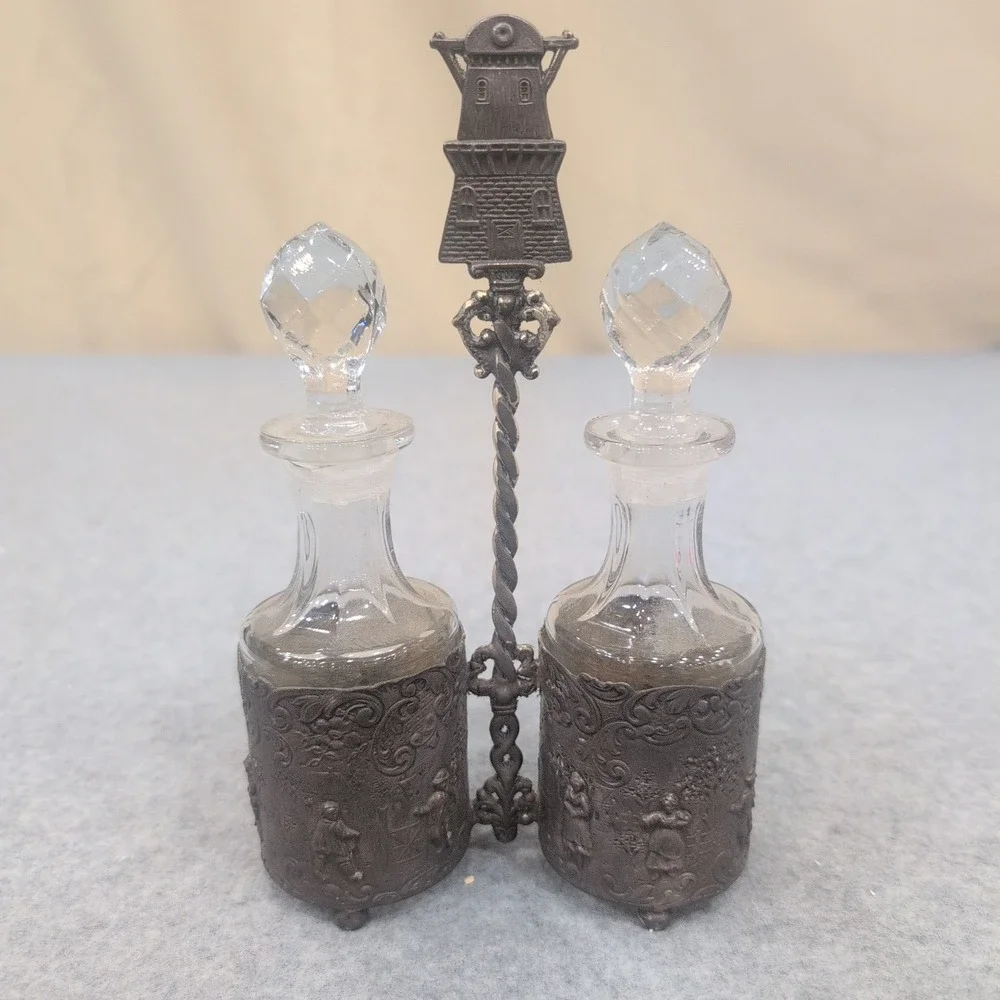 Vintage Dutch Windmill‎ Cruet Set Glass Bottles Ornate Metal Caddy Village Scene